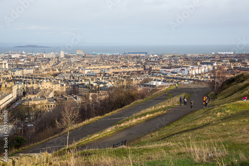 EDINBURGH, SCOTLAND - FEBRUARY 9, 2019 - The view of Leith and the Firth of Forth from Calton Hill