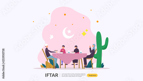 Iftar Eating After Fasting feast party concept. Moslem family dinner on Ramadan Kareem or celebrating Eid with people character. web landing page template, banner, presentation, social or print media.