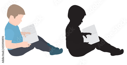 Child boy is reading book, colorful and silhouette, vector illustration