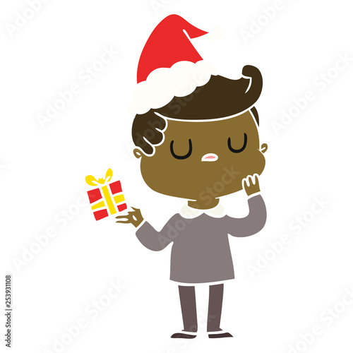 flat color illustration of a man wondering wearing santa hat