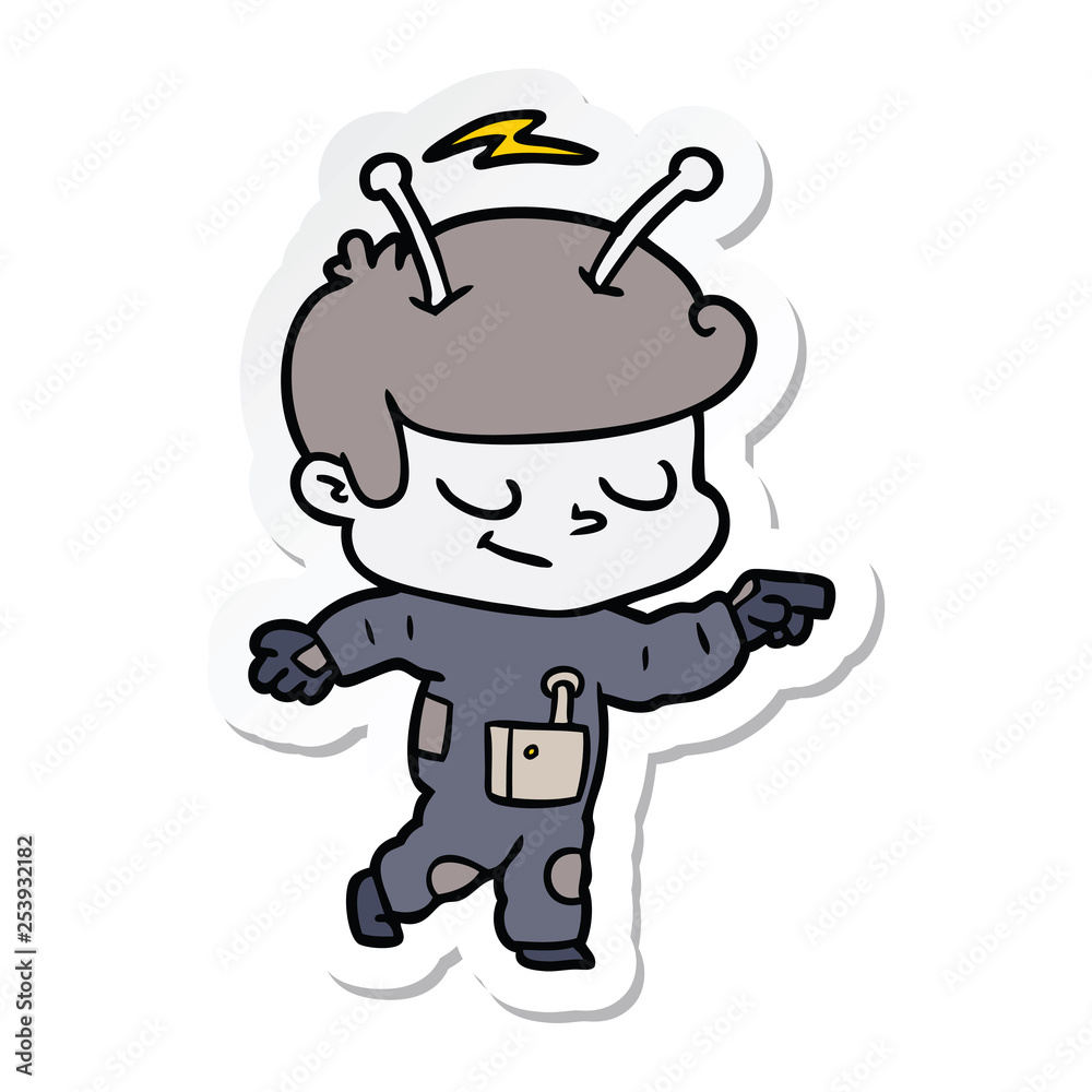 sticker of a friendly cartoon spaceman pointing sticker of a friendly cartoon spaceman pointing