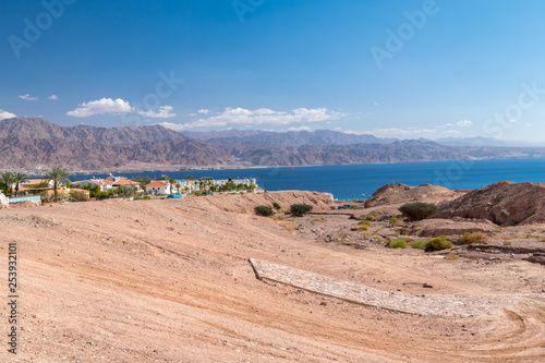 Landscape view of Aqaba gulf and mountains.