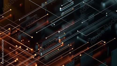 Isometric 3d render abstract reflective background with particles that goes to center from the opposite side. Two side particle emission. Digital theme.