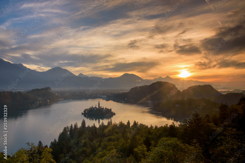 Aerial View of Bled Lake at Sunrise, Slovenia