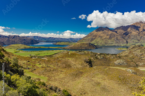 Rocky Mountain and Diamond Lake in the Mt Aspiring National Park, Wanaka, New Zealand photo