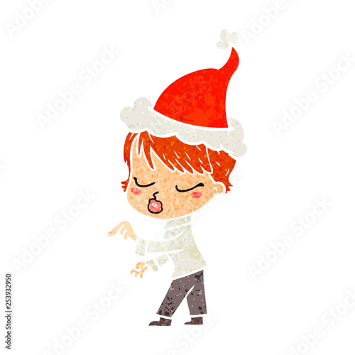 retro cartoon of a woman with eyes shut wearing santa hat