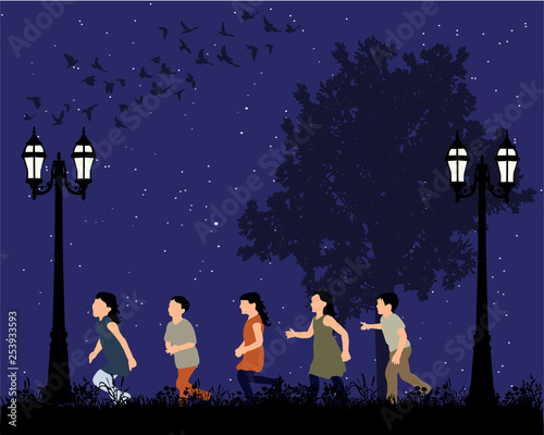 isolated, children walk in the park in the evening