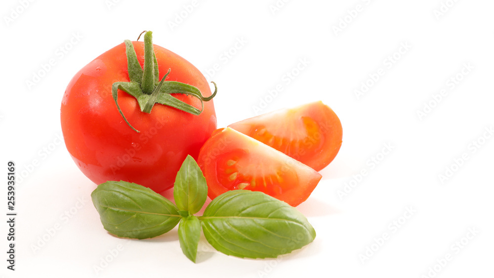 tomato and basil isolated on white background tomato and basil isolated on white background