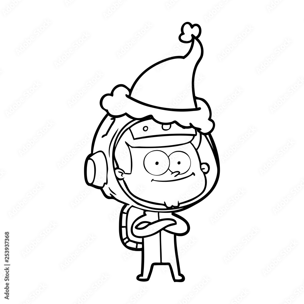 happy astronaut line drawing of a wearing santa hat