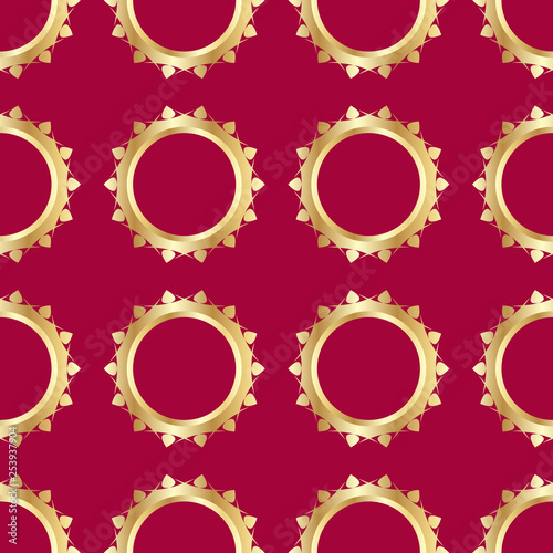 Seamless pattern with golden wedding rings on red background. The image is made in a realistic style