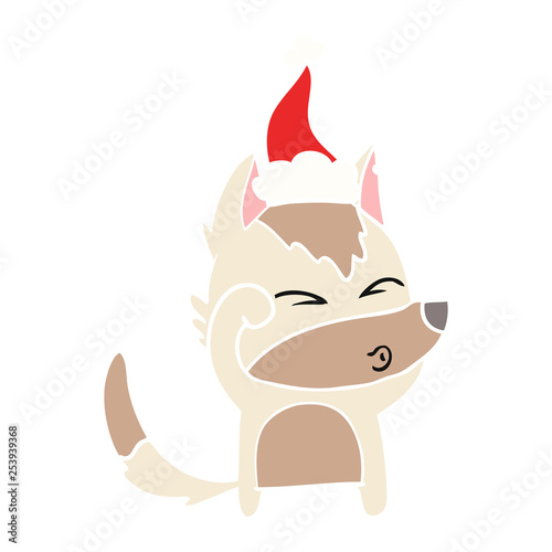 flat color illustration of a wolf pouting wearing santa hat