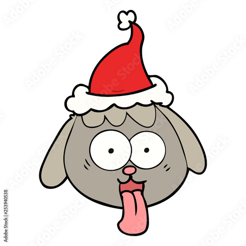line drawing of a dog face panting wearing santa hat