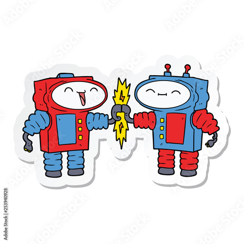 sticker of a cartoon robots connecting