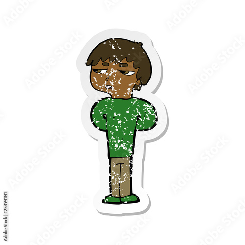 retro distressed sticker of a cartoon antisocial boy