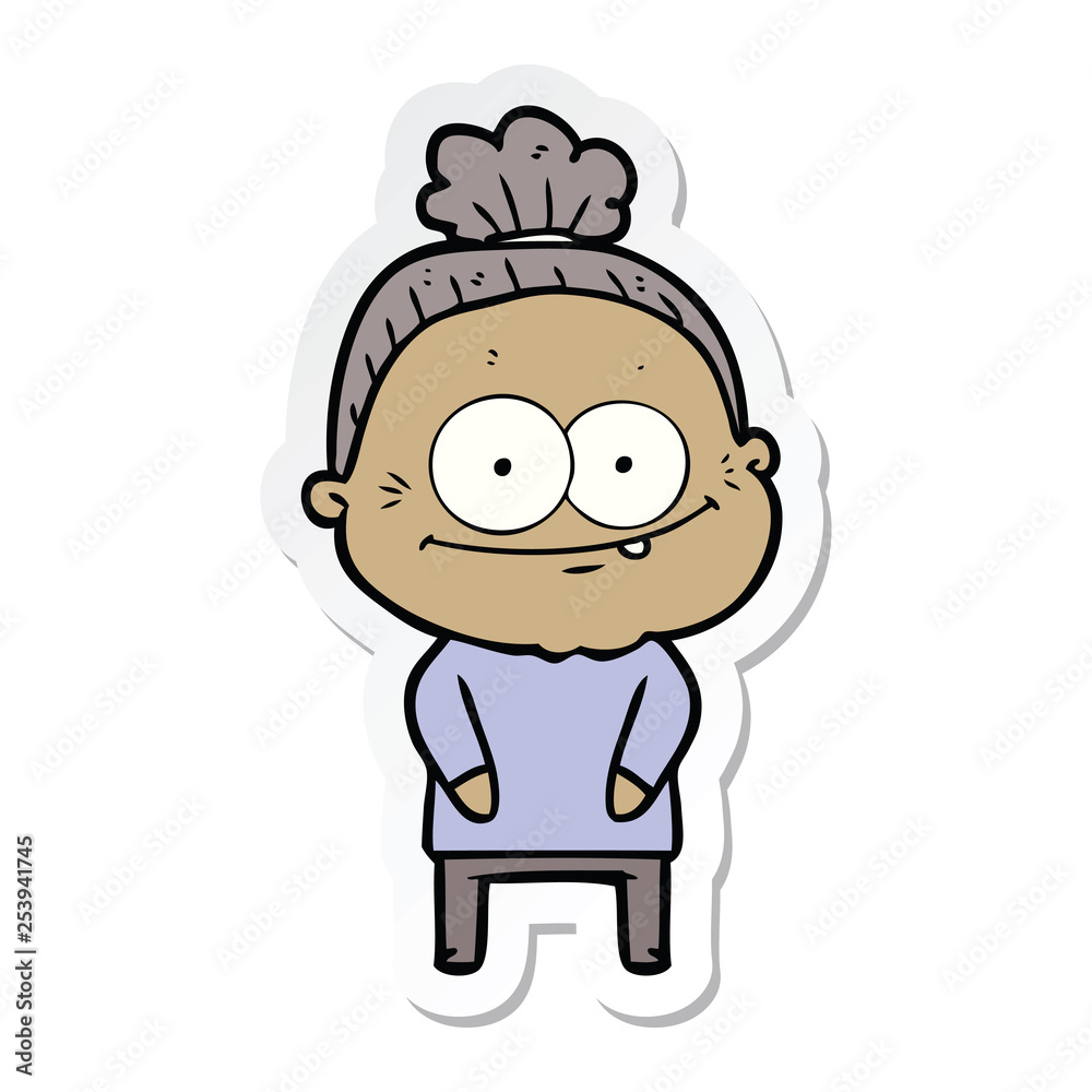 sticker of a cartoon happy old woman sticker of a cartoon happy old woman