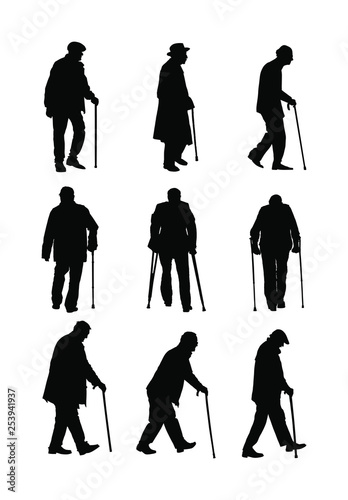 Elderly seniors walking crowd vector isolated on white . Old man person with stick silhouette. Mature old people active life. Grandfather veterans company. Health care in nursing home. Senior meeting.