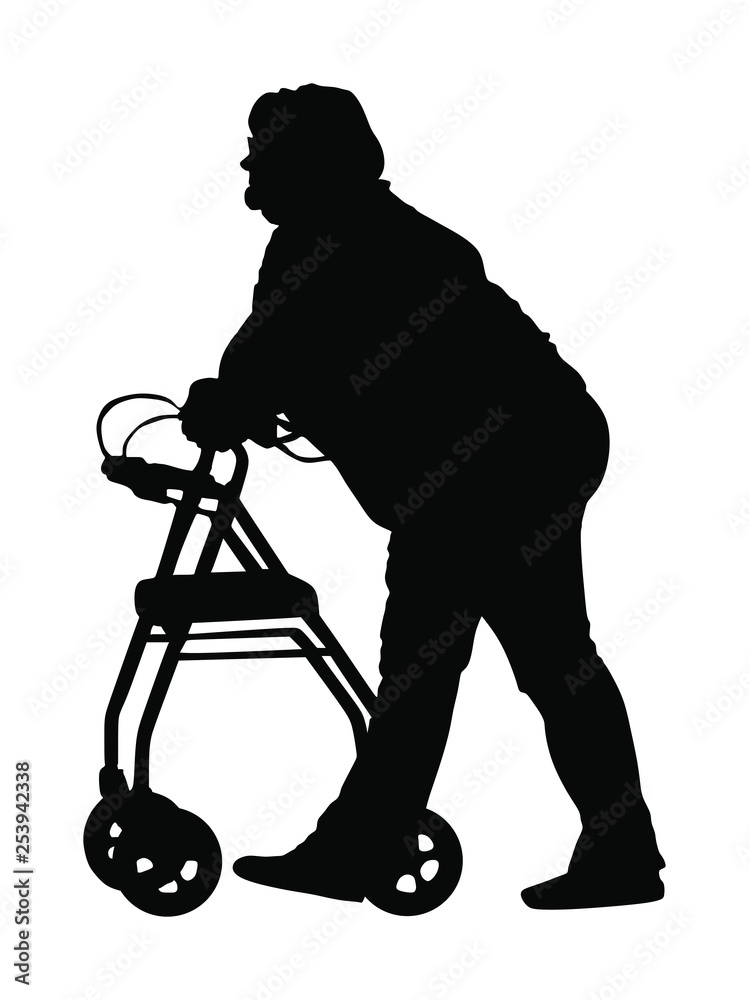 Old disabled woman using a walker silhouette vector. Mature invalid lady vector isolated on white background. Grandmother in nursing home. Senior woman active life with medical support. Active life. Old disabled woman using a walker silhouette vector. Mature invalid lady vector isolated on white background. Grandmother in nursing home. Senior woman active life with medical support. Active life.