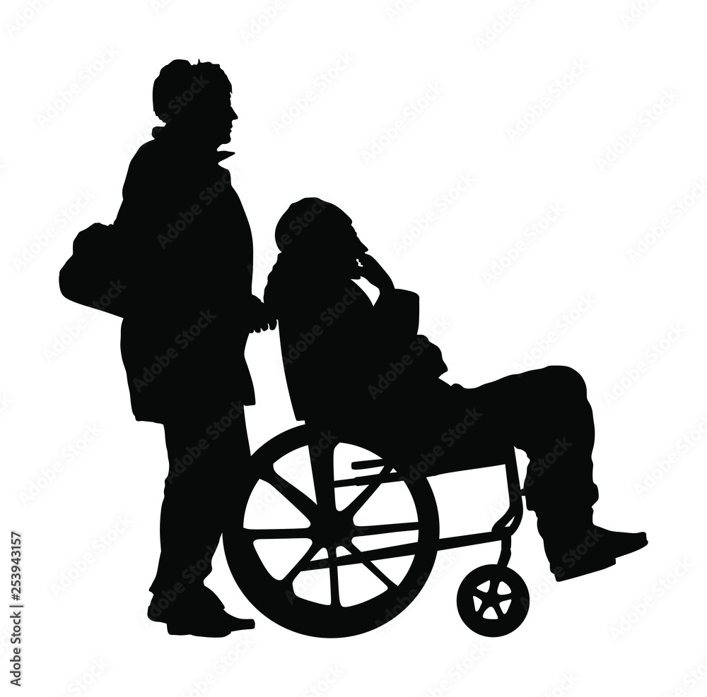 woman pushing strolling with disabled man patient in wheelchair vector ...