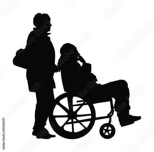 woman pushing strolling with disabled man patient in wheelchair vector silhouette. Patient in wheelchair isolated on white. Nurse support injured man. Hospital paramedic Social worker activity.