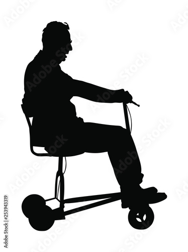 Senior man on electric bicycle,tricycle vector silhouette illustration isolated on white background. Mature man on electric walker. Disabled person active life. Old invalid person rehabilitation