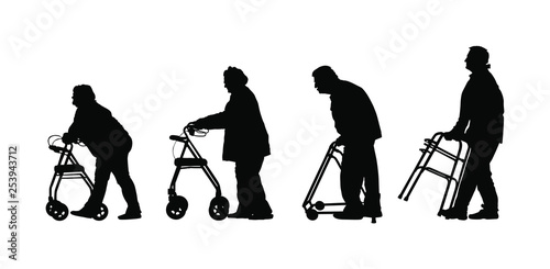 Old disabled people using strolls walker silhouette vector isolated. Mature invalid lady. Senior woman in nursing home. Old injured man active life with medical support. Help assist tool health care.