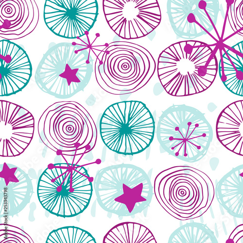 Beautiful vector seamless pattern in simple scandinavian style. Abstract hand drawn round and star shapes in pink and teal blue colors on white. Repeating wallpaper. Trendy background design.