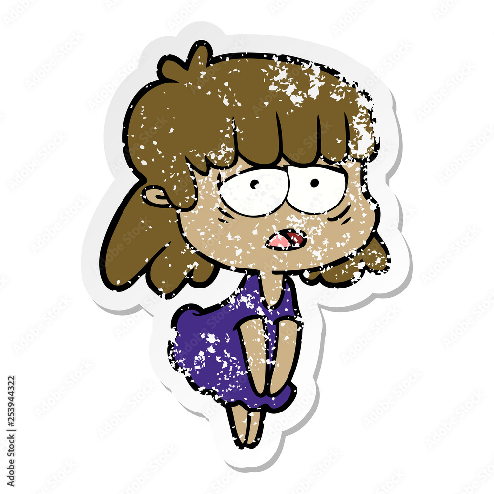 distressed sticker of a cartoon tired woman distressed sticker of a cartoon tired woman