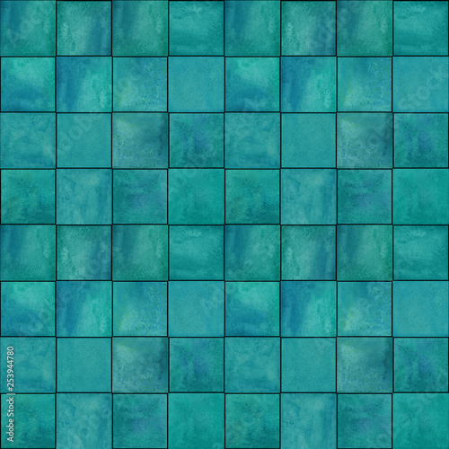 Abstract geometric seamless pattern with squares. Dark teal watercolour artwork.