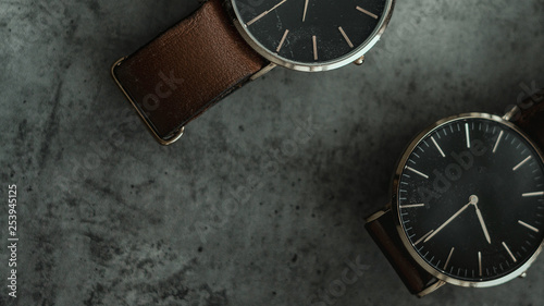 Brown LEATHER WATCH, VINTAGE STYLE WRIST WATCH, MEN'S LEATHER WATCH on background blur. Place for text photo