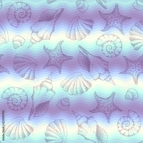 Blue waves pattern and hand draw in marine style.