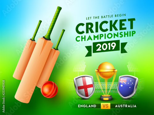 Cricket championship poster or banner design with bats, ball, champion trophy and participants team flag shield badges illustration.