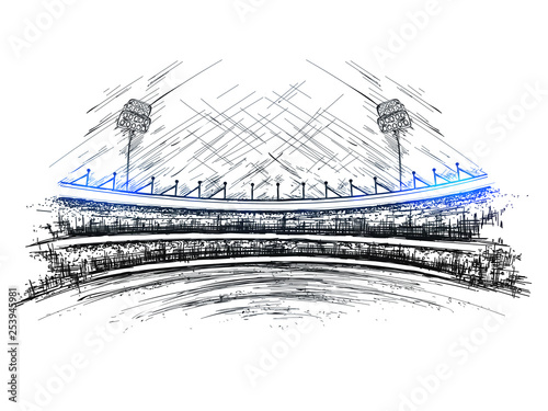 Sketch of cricket stadium view for Cricket tournament poster or banner design.