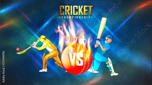 Competitive teams player in playing action on shiny background for Cricket Championship poster or banner design.