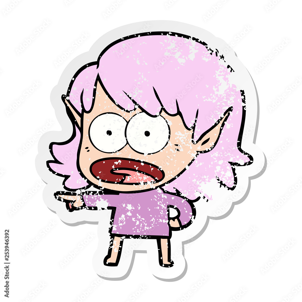 distressed sticker of a cartoon shocked elf girl distressed sticker of a cartoon shocked elf girl