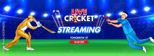 Live Streaming Cricket header or banner design with illustration of cricket players in playing action on night stadium view background.