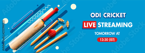 Live Streaming of ODI Cricket header or banner design with cricket equipments on blue background.