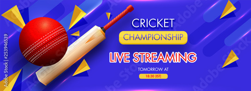 3D illustration of bat with ball and abstract element on blue background for Live Streaming Cricket Championship header or banner design.