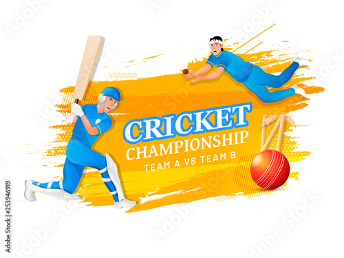 Illustration of cricketers in playing action on abstract white background for Cricket Championship poster or banner design.