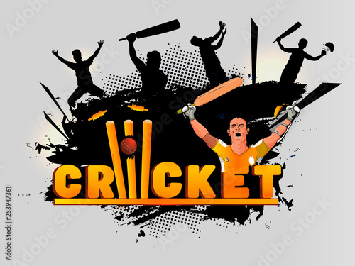 3D text Cricket with batsman character and silhouette of cricket players in playing pose on abstract gray background for Cricket Match banner or poster design.
