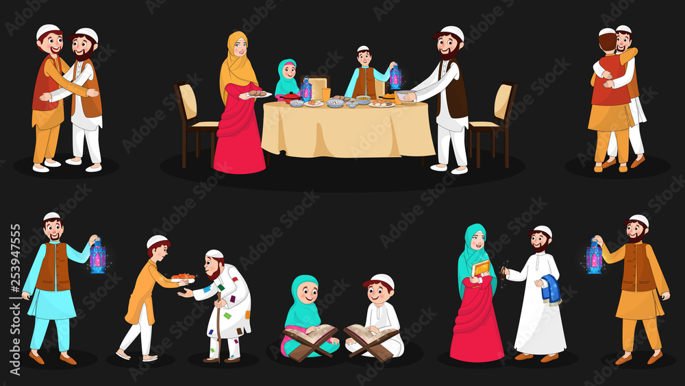 Complete set of happy muslim characters on the festival occasion in different activity.
