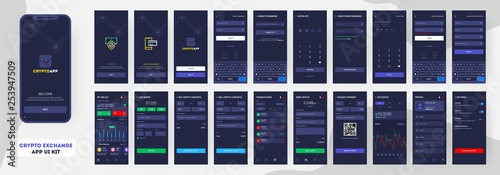 Crypto App UI Kit for responsive mobile app or website with different GUI layout including login, Create Account, Profile, Transaction and trending screens.