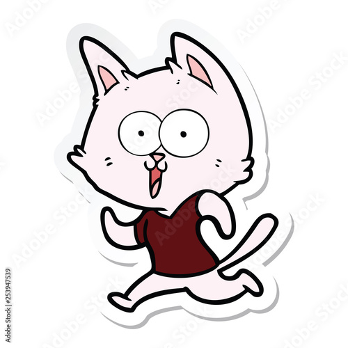 sticker of a funny cartoon cat jogging