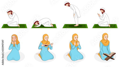 Set of Muslim woman and man praying in different position.