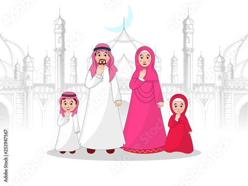 Muslim family character in front of mosque in sketching style.
