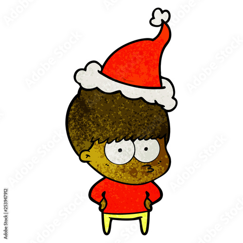 nervous textured cartoon of a boy wearing santa hat