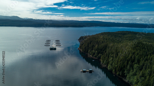 Fish farm near Vancouver isand. Drone top view photo