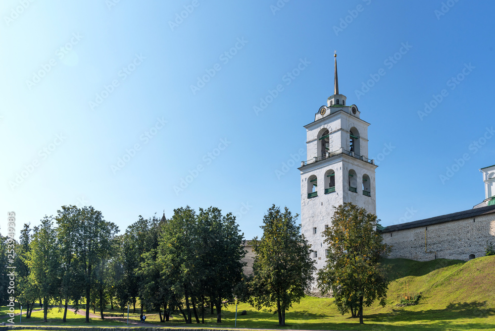 Panoramic view of Pskov Kremlin on the Velikaya river. Ancient fortress. The Trinity Cathedral in summer. Pskov. Russia