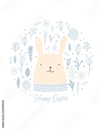 Funny Happy Easter Vector Illustration. Cute Simling Bunny Between Blue Flowers Isolated on a White Background. Lovely Easter Vector Card.Pastel Color Infantile Nursery Art with Rabbit and Blue Garden photo