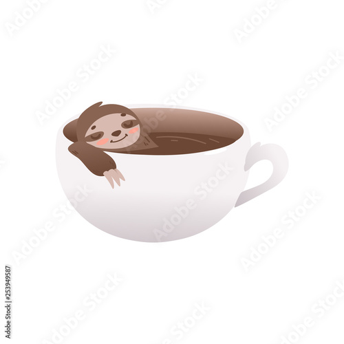 Cute sloth relaxing in cup of coffee - big mug with hot invigorating drink and funny sleeping lazy animal.