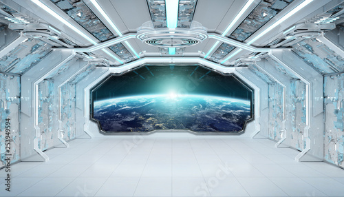 Fototapeta Naklejka Na Ścianę i Meble -  White blue spaceship futuristic interior with window view on planet Earth 3d rendering
